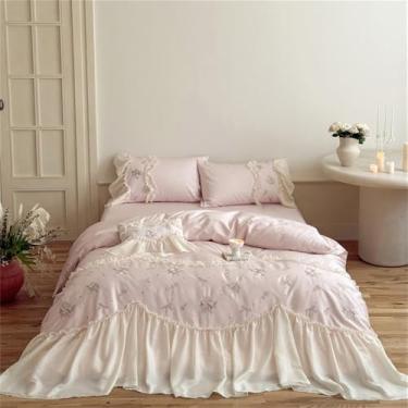 Imagem de Conjunto de cama princesa com bordado de rosas em algodão, babados e capa de edredom, lençol de baixo com elástico, rosa, tamanho Queen (200x230cm), 4 peças