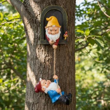 Imagem de Elenon Decoração de rosto de árvore de gnomos de escalada, adorável estátua de jardim de fadas de gnomo, escultura engraçada de espiador ao ar livre, pátio, arte (pacote com 2)