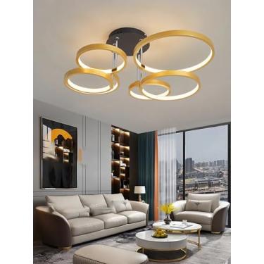 Imagem de Luminária de teto LED regulável, moderna, para interiores, com design redondo em metal, ideal para sala de estar, quarto e sala de jantar. Possui controle remoto e é perfeita para decoração.