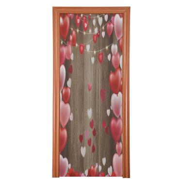 Imagem de ATTX Capa de porta da frente de coração vermelho rosa - decoração de férias de tecido elástico lavável para festas, casa, decoração de porta da frente, 91 x 98 cm (550)
