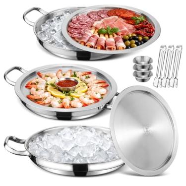 Imagem de Conjunto de 3 bandejas de servir geladas de 30 cm, prato de servir de coquetel de camarão, tábua de charcutaria fria com bandejas de gelo para aperitivo, salada de ostra, frutas, buffet de frutas