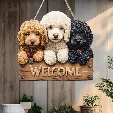 Imagem de Adorável letreiro de boas-vindas para cachorrinhos poodle, decoração de entrada, presente para amantes de cães e amigos/MP-16