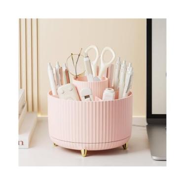 Imagem de Organizador de caneta de mesa de plástico giratório 360 com 5 compartimentos, copo de lápis de arte de dupla finalidade para escritório, escola, casa, lápis de maquiagem (rosa)