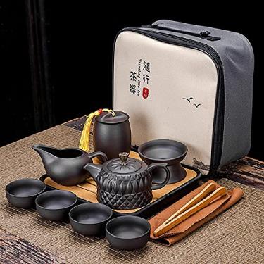 Imagem de Conjunto de chá de cerâmica, conjunto de chá portátil de viagem com bule de chá, xícaras de chá, recipiente de chá, bandeja de chá e bolsa de viagem, adequado para viagens, casa, exterior e escritório