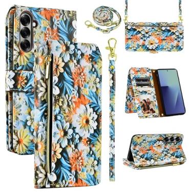 Imagem de Dswteny Capa carteira para Samsung Galaxy Z Fold 7 com alça de ombro destacável, zíper floral couro PU suporte acessórios capa de celular para ZFold Z7 G Fold7 7Z mulheres homens marrom