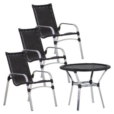 Imagem de 3 Cadeiras Emily E Mesa Emily Tampo Tramado Alumínio Trama Preto