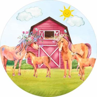 Imagem de Painel em Lona Redondo Fazendinha Celeiro Vermelho Cavalos Aquarela - 