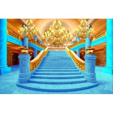 Imagem de Painel de Tecido Sublimado Escadaria Realeza Azul e Dourado Lustres - 