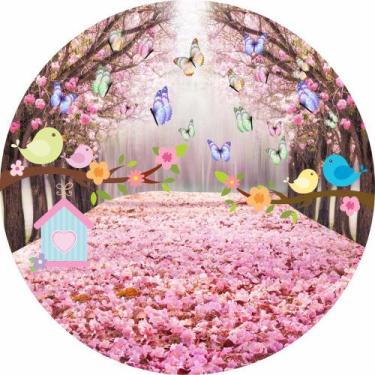 Imagem de Painel De Tecido Sublimado Redondo Passarinhos Galhos e Borboletas Flo