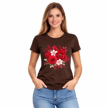 Imagem de Camiseta Feminina Estampada Rosa Flores Vermelhas Premium-Feminino