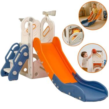 Imagem de Playground Infantil 4x1 Plástico Escorregador Telescópio Cesta Multifuncional Laranja Brinqway Bw391