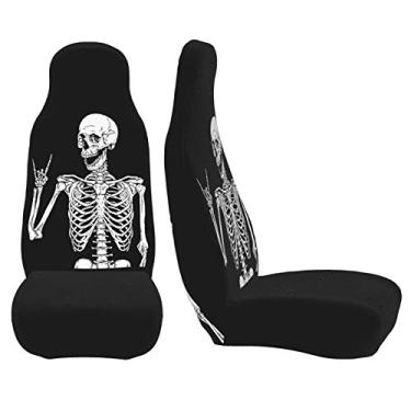 Imagem de Capas de assento de carro 2 peças Capa protetora de assento dianteiro Almofada Rock and Roll Skeleton Skull Boho Hippie, decoração geral, elástica, elástica, para a maioria dos veículos, carros, SUV Sedan e caminhões