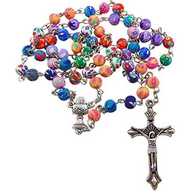 Imagem de Conjunto de Terço de Primeira Comunhão com Contas de Flor Coloridas Cartão de Oração e Bolsa