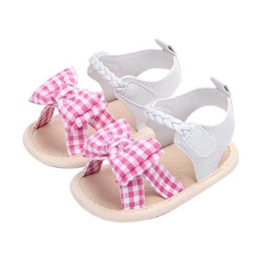 Imagem de Sapatos de laço xadrez para meninas com bico aberto para os primeiros passos, sandálias rasteiras para o verão (rosa, 6 meses)