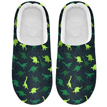 Imagem de JUNZAN Pantufas masculinas femininas de outono com espuma viscoelástica antiderrapante, sola quente e macia, de lã coral, sem cadarço, bico fechado, sem mãos, para viagens no quarto, Dinossauro verde,