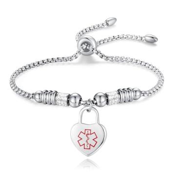 Imagem de LinnaLove Pulseiras de alerta médico para mulheres Pulseira de identificação médica ajustável de aço inoxidável com pingente de coração gravação livre, Metal, Sem pedras preciosas