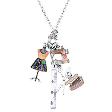 Imagem de BONSNY Statement esmalte alfaiate máquina de costura tesouras régua roupas suporte colar pingentes fashion joia para mulheres Marrom