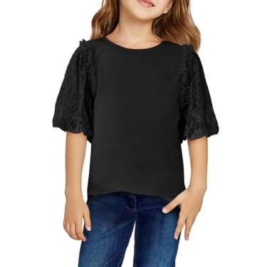 Imagem de Camisetas de manga curta de renda de verão para meninas blusas de gola redonda moda infantil 5-14 anos, Preto, 13-14 Anos