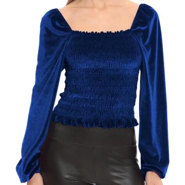 Imagem de LOTUYACY Camiseta feminina de veludo com ombros de fora, estilo curto, manga comprida, Azul royel, GG
