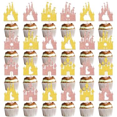 Imagem de 24Pcs Castle Happy Birthday Cupcake Topper, Castle Princess Cupcake Topper Decorations, Princess Theme Baby Shower Decoration, Princess Theme Girl Baby Shower Decor Supplies Gold