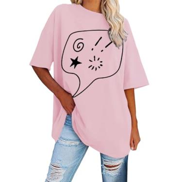 Imagem de Camisetas estampadas femininas de verão de manga curta grandes casuais soltas lindas estampadas túnica básica blusa moderna, rosa, P