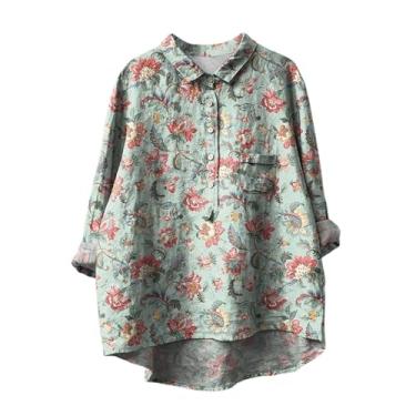Imagem de Camiseta feminina de linho com estampa de flores, ajuste solto, gola lapela, botões, manga comprida, blusas casuais, Cinza, M