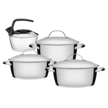 Imagem de Jogo de Panelas 3 Peças + Chaleira Allegra em Aço Inox Fundo Triplo Tramontina