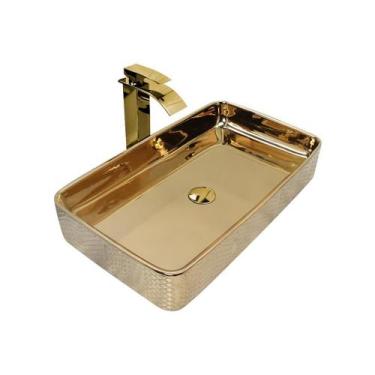 Imagem de Kit Cuba Pia Louça Cerâmica Banheiro C/Torn E Vál Dourada 79 - Smart N