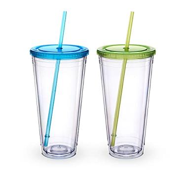 Imagem de Zukro Copo de acrílico transparente com canudo e tampa 940 ml, copo de café gelado de plástico reutilizável com parede dupla, para viagem, perfeito para festas, aniversários, cabe no porta-copos, sem