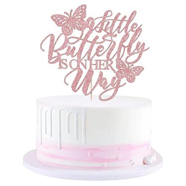 Imagem de Qertesl Topo de bolo A Little Butterfly is on Her Way, decoração de bolo com tema de borboleta, ótimo para chá de bebê, bem-vindo ao bebê, suprimentos de decoração de festa revelação de gênero (ouro