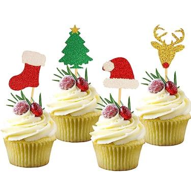 Imagem de Partico 24 peças de enfeite de cupcake com glitter de Natal, decorações para lembrancinhas de festa de Natal, incluindo chapéus de Papai Noel, árvore de Natal, meias vermelhas, rena dourada