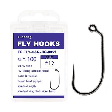 Imagem de Eupheng Ganchos de pesca com mosca, pacote com 100 peças, anzóis de pesca sem barbless catch & release dry wet ninfa camarão e pupa, serpentina, caddis, jig, Scud moscas anzóis de pesca (#12, EP Fly-C&R-JIG-0051)