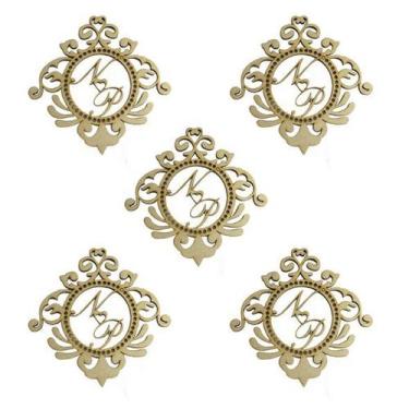 Imagem de 30 Aplique Brasão Casamento Personalizado Arco Furo 12cm Mdf Madeira C