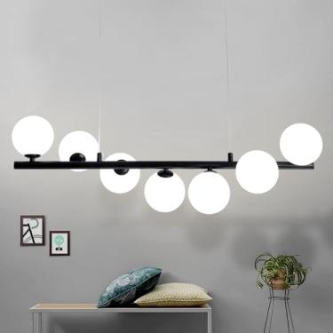 Imagem de DELIPUSHI Lustres modernos para sala de jantar, lustre linear de 7 luzes para sala de jantar, lustres de globo de vidro branco leite, luzes pendentes pretas, lustre Sputnik de cozinha