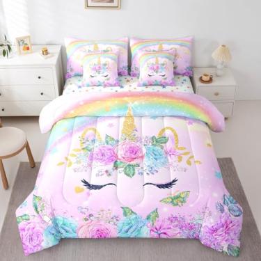 Imagem de Feelyou Conjunto de edredom solteiro de unicórnio com lençol para decoração de quarto de crianças, meninas, adolescentes, 3D, roxo, unicórnio, arco-íris, 7 peças, ultramacio, fofo e em uma bolsa