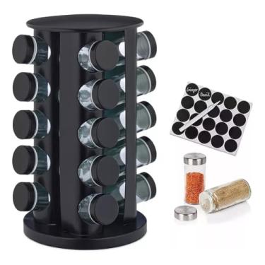 Imagem de PORTA TEMPERO CONDIMENTOS 20 GIRATORIO PRETO REDONDO + ETIQUETAS + CANETA