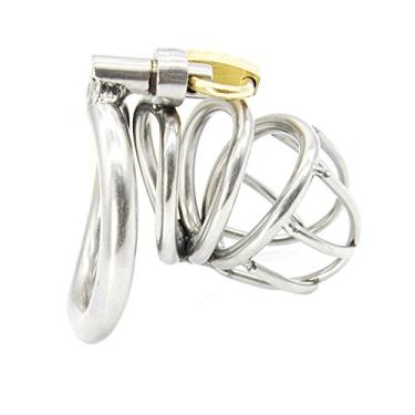 Imagem de Gaiola masculina de aço inoxidável do pênis com dispositivos baixos da castidade do anel do galo do arco, comprimento 55mm da gaiola do galo com anéis de 3 tamanhos(40mm Ring)
