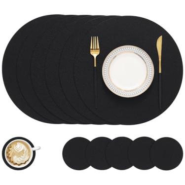 Imagem de Homing Jogo americano redondo de couro sintético e porta-copos conjunto com 6 – tapetes laváveis e resistentes ao calor, tapetes de mesa dupla face limpáveis para ambientes internos e externos,