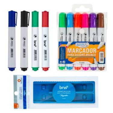 Imagem de Kit 10 Marcador Para Quadro Branco Lousa +  Apagador Magnético c/ Porta Caneta - BRW
