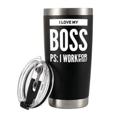 Imagem de Copo isolado a vácuo I Love My Boss PS I Work For Myself Boss Gifts Empreendedor colega de trabalho homem de negócios mulher sarcástico copo de aço inoxidável com tampa canudo 590 ml, preto