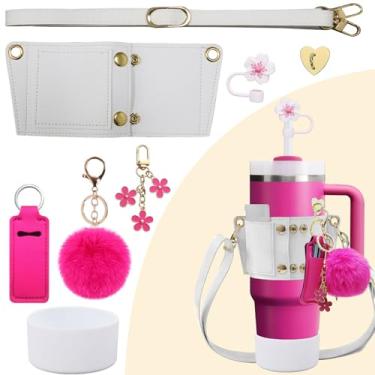 Imagem de SHEGZHUC 7 peças de acessórios para copos Stanley, alça ajustável de couro para garrafa de água, tampas de canudo e suporte de copo protetor para 880-1180 ml (880-1180 ml), 4 acessórios pendentes de