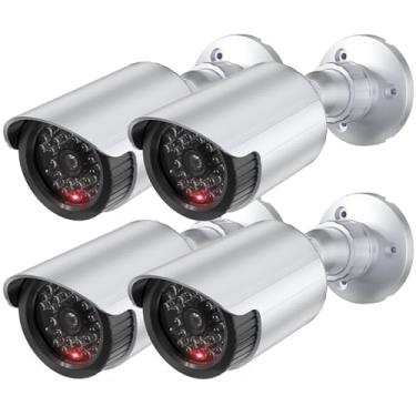 Imagem de WALI Bullet Falsa Vigilância Segurança CCTV Dome Câmera Interna Externa com um Adesivo de Alerta de Segurança de Aviso de Luz LED (TC-S4), 4 Pacotes, Prata
