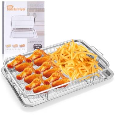Imagem de Cesta de fritadeira a ar para forno 39,6 cm x 29,5 cm, grande cesta de fritadeira a ar e bandeja de aço inoxidável para cozinhar assar e grelhar