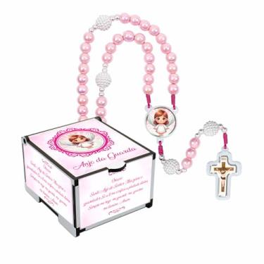 Imagem de Conjunto Terço Infantil com Caixinha e Oração do Anjo da Guarda ✝️ Lembrancinha para Batizado, Crisma, Primeira Comunhão, Festa Religiosa – Feito no Brasil  (Rosa)
