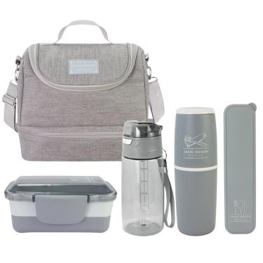 Imagem de Kit De Bolsa Térmica 2 Compartimentos, Marmita E Garrafa, Porta Talher E Porta Escova Cinza