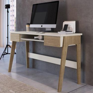 Imagem de Mesa Para Computador Escrivaninha Escritório Home Office Quarto Nicho 2 Gavetas MDF Branco Marrom