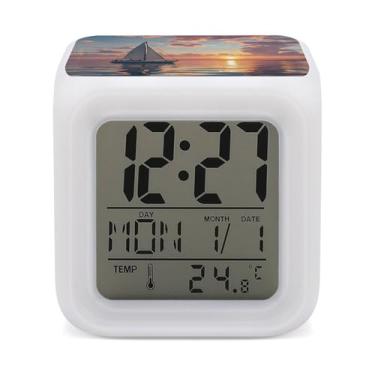 Imagem de RTFGHJS Despertador, veleiro e pôr do sol, despertador colorido, pequeno visor de LED, despertador digital, relógio compacto, relógio eletrônico para quartos, cabeceira, mesa, prateleira, tamanho