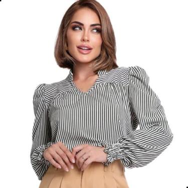 Imagem de Blusa Manga Longa Bufante Gola V Listrada Feminina Social - G-Store, V