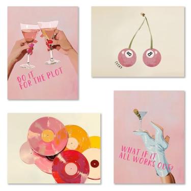 Imagem de JUIOEIU Conjunto de 4 impressões de arte de parede de barra rosa retrô modernas, preppy vintage disco de vinil Lucky 8 Ball Cocktail Estética Wall Art Poster para meninas dormitório quarto apartamento