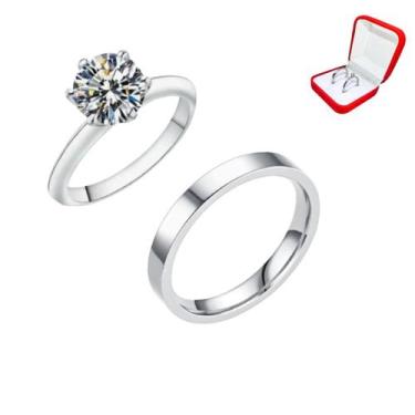 Imagem de Aliança Prata Namoro Reta 3mm + Anel Solitário Prata 2mm Casal Luxo Na